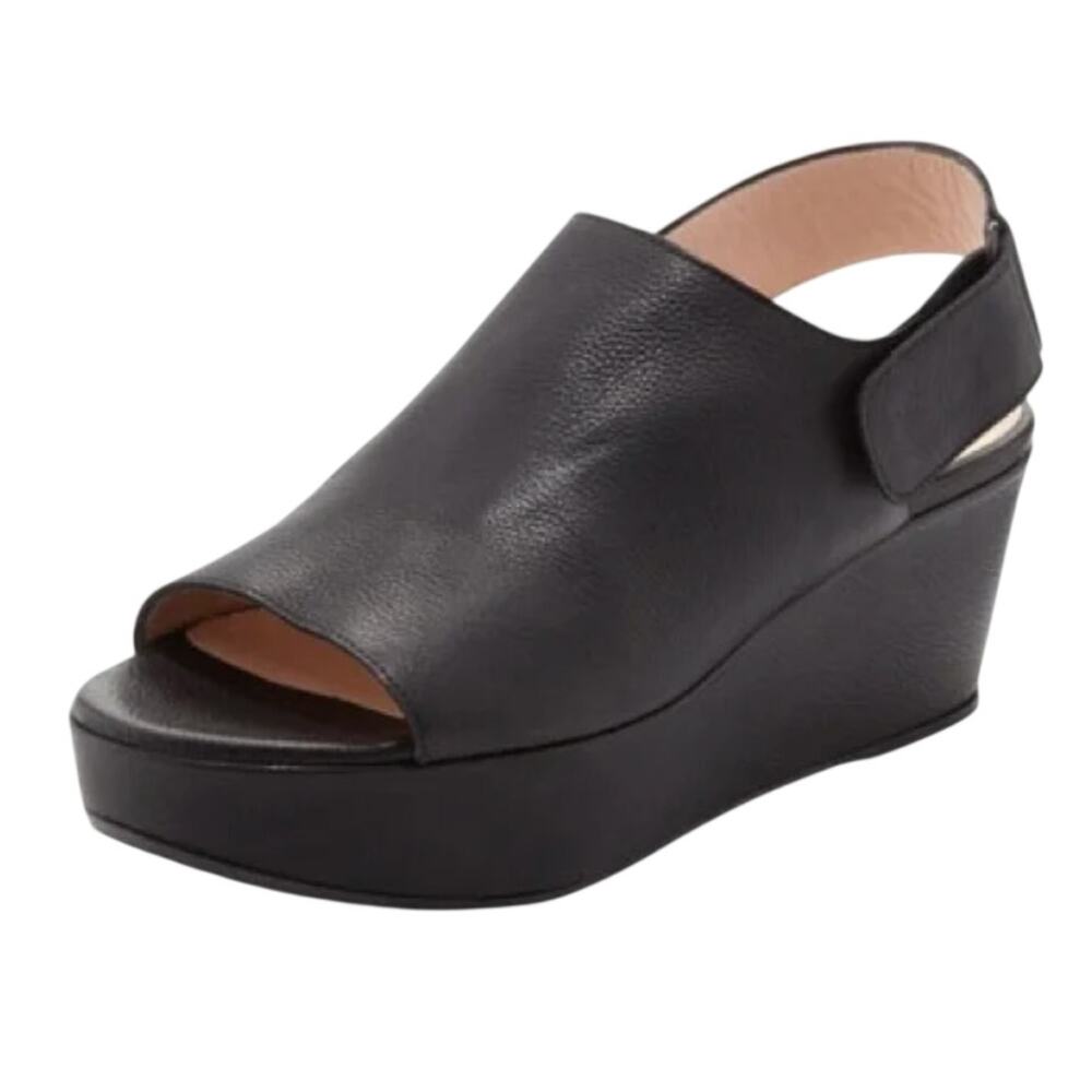 Stuart Weitzman Offset Leather Peep-toe Wedge Black Size 6.5